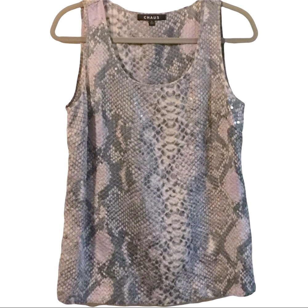 Snake skin print clear sequins gray/white tank top versatile size Small Swifty